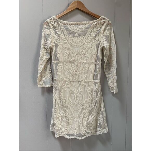 Express Women's Party Boho Dress Ivory Lace Overlay Fit & Flare Slip Size S - Picture 2 of 9